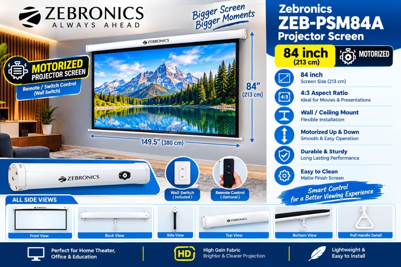 ZEBRONICS MOTORIZED PROJECTOR SCREEN---Zeb PSM84A